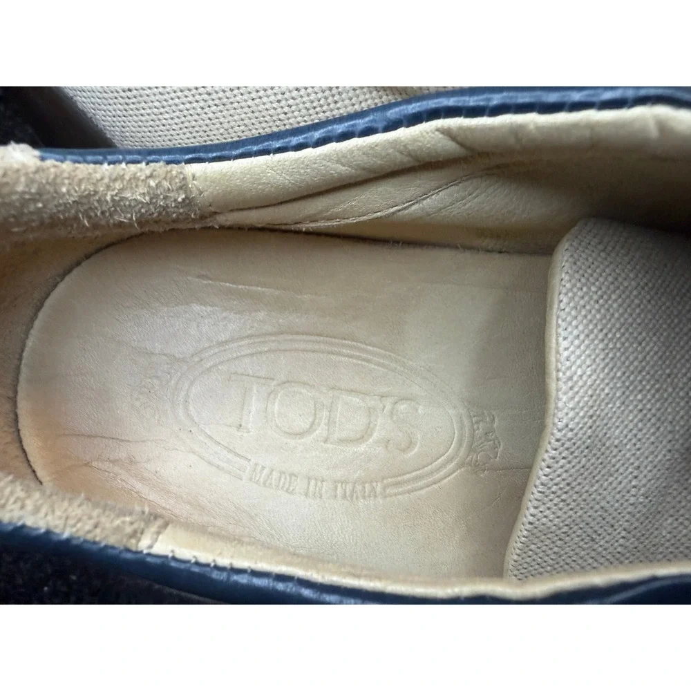 Tod's Navy Leather Linen Sneakers Women's 8.5 Driving Shoes Retro Bowling Italy